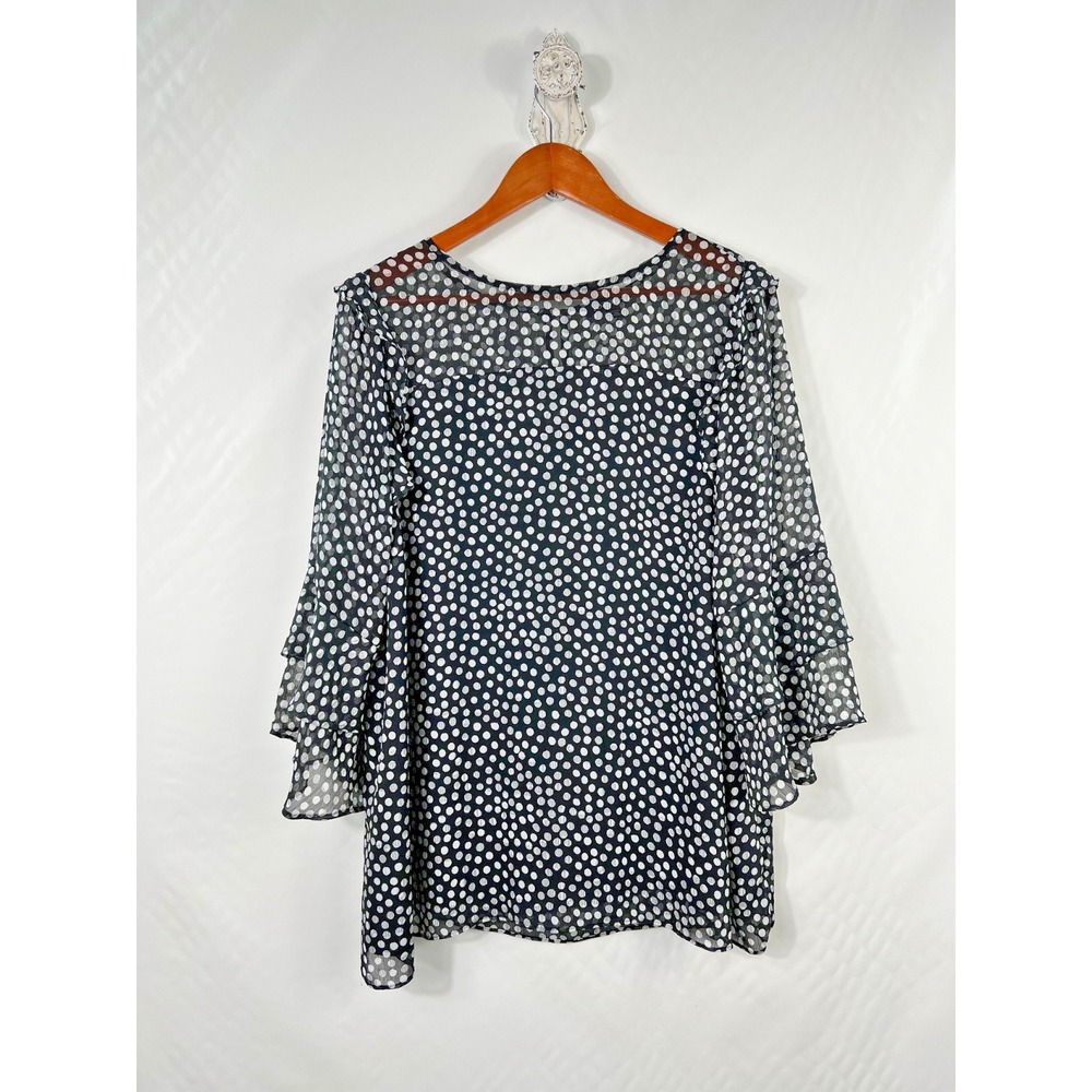 Roz & Ali Women's 2X Black White/Black Polka Dot Top Ruffle Feminine Whimsy‎